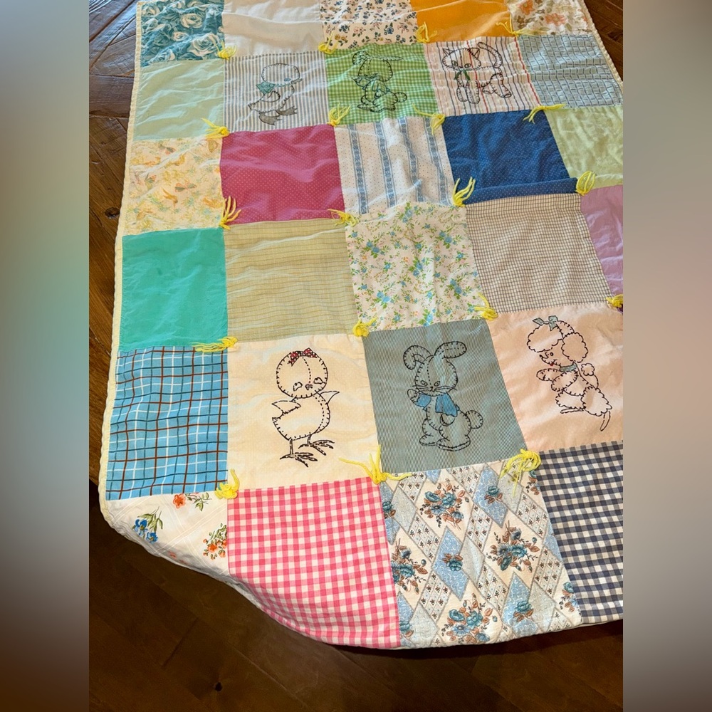 Antique baby patchwork quilt/blanket with such cute fabrics and animals -amazing